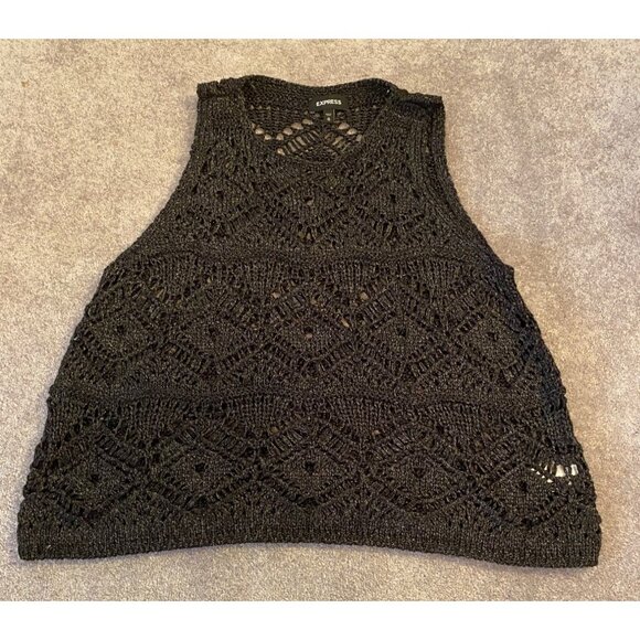 Express Black Sparkly Open Knit Crochet Sleeveless Top XL - Picture 1 of 7